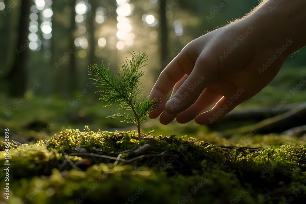 Fototapeta premium A hand gently holding a small sapling with the sunlight casting a warm glow in the background with copy