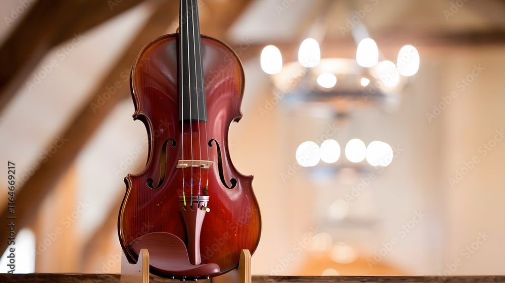 A beautiful violin sits elegantly on a wooden stand under a chandelier A beautiful violin sits elegantly on a wooden stand under a chandelier
