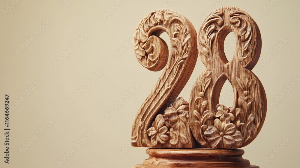 Carved wooden number 28 with floral design. Carved wooden number 28 with floral design.