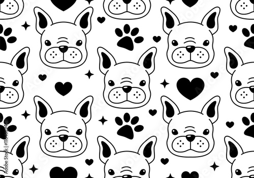 Seamless pattern with French bulldog puppy. Cute design. Vector illustration. Dog. Funny french bulldog puppy. Cute background texture