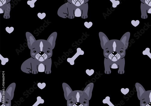 Seamless pattern with French bulldog puppy. Cute design. Vector illustration. Dog. Funny french bulldog puppy. Cute background texture