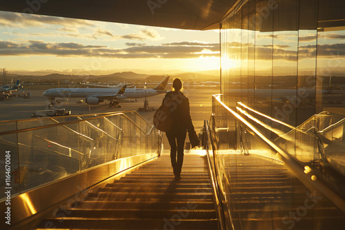 determined passenger navigating airport, golden evening light streamin photo