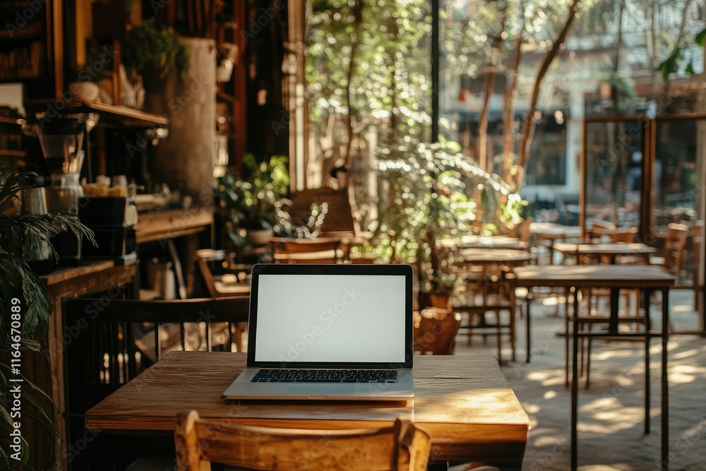 A laptop sits on a wooden table in a cozy caf? filled with plants and natural light. A laptop sits on a wooden table in a cozy caf? filled with plants and natural light.