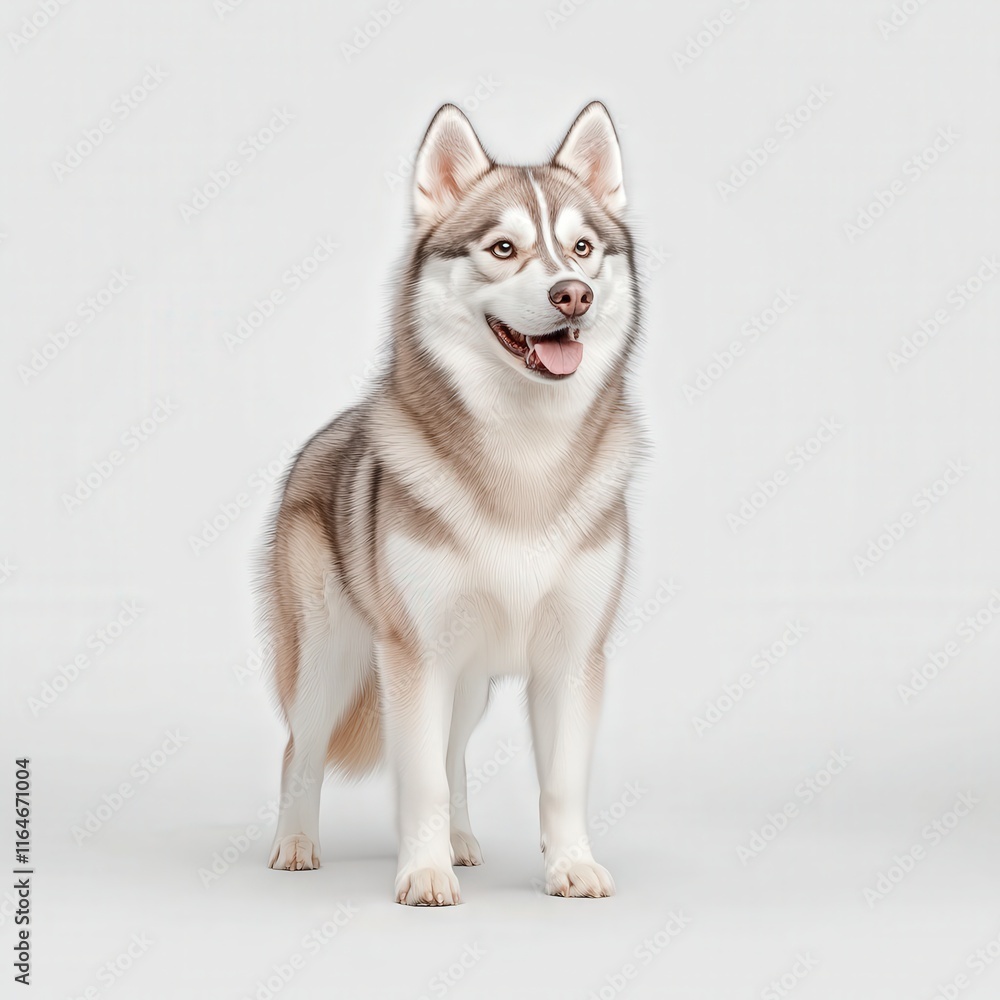 A cheerful and playful Siberian Husky dog standing proudly against a neutral background, showcasing its beautiful fur and friendly expression. A cheerful and playful Siberian Husky dog standing proudly against a neutral background, showcasing its beautiful fur and friendly expression.