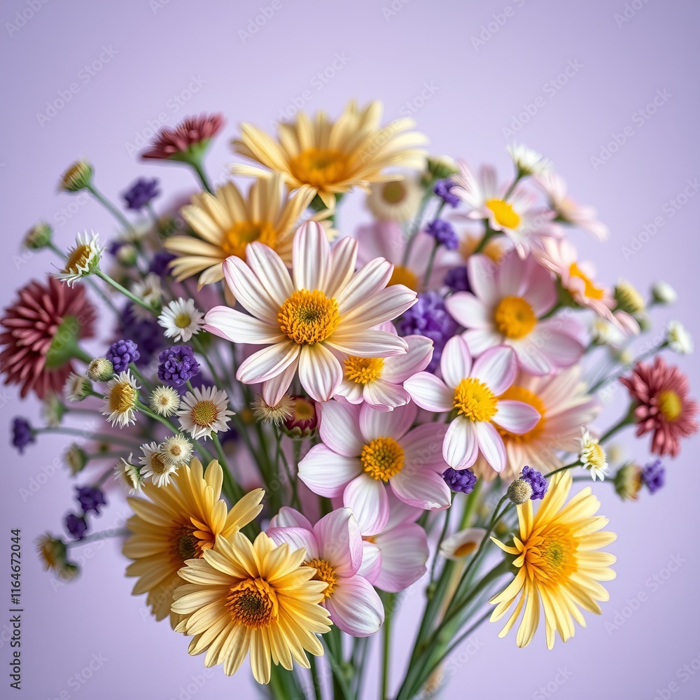 Lush Wildflower Bouquet with Delicate Petals, Softly Glowing Against a Lavender Background, Ideal for Floral Art Lush Wildflower Bouquet with Delicate Petals, Softly Glowing Against a Lavender Background, Ideal for Floral Art