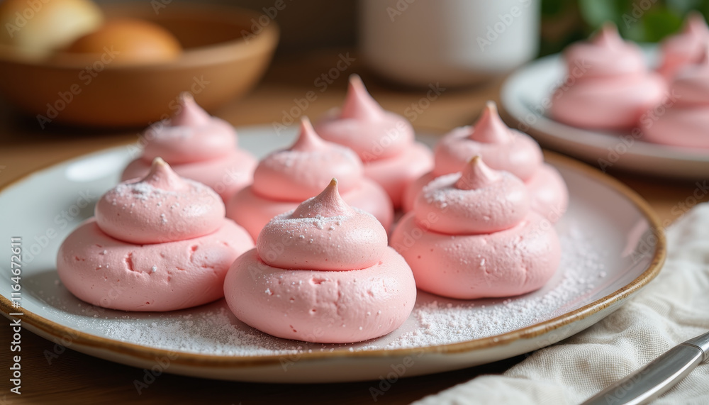 Delicate pink meringue cookies neatly arranged on a table with rustic decor and light ambiance Delicate pink meringue cookies neatly arranged on a table with rustic decor and light ambiance