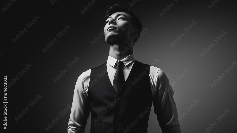 シンプル背景でベスト姿が映える花婿のスタジオポートレート