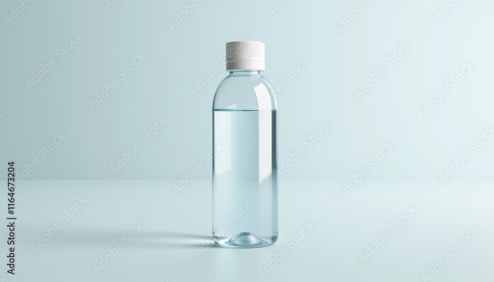 Clear plastic bottle filled with water placed on a light-colored surface in a minimalistic setting Clear plastic bottle filled with water placed on a light-colored surface in a minimalistic setting