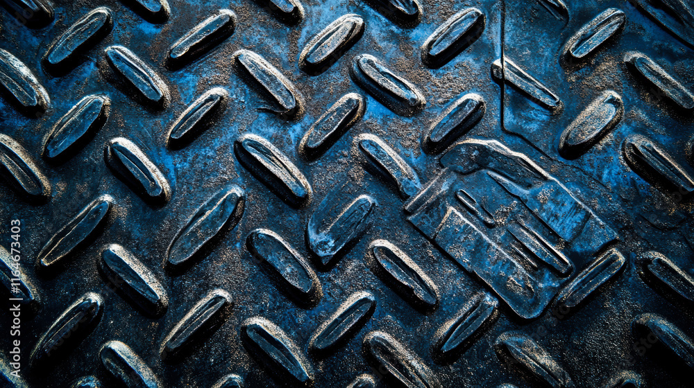 Textured blue steel with diamond tread and embossed details Textured blue steel with diamond tread and embossed details