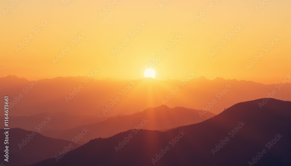 Majestic sunrise over distant mountains showcases stunning colors and tranquil atmosphere Majestic sunrise over distant mountains showcases stunning colors and tranquil atmosphere