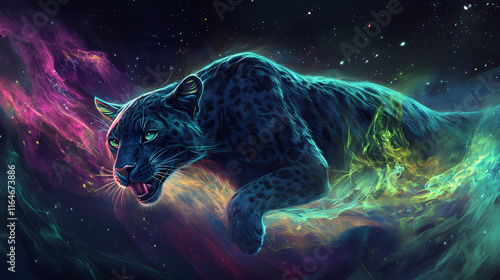 A panther spirit with fur shifting in vibrant auroral hues. Auroral. Illustration photo