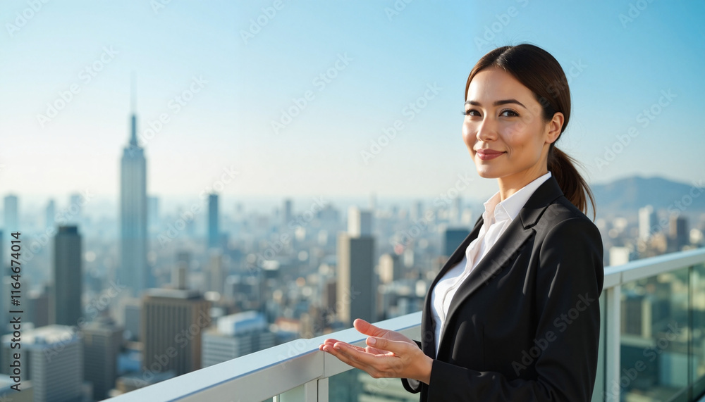 Smiling businesswoman presenting on cityscape balcony Smiling businesswoman presenting on cityscape balcony