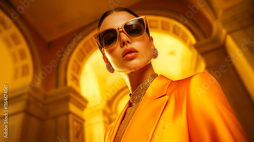 A glamorous person in striking gold or orange attire, standing in a lavish setting like a grand ballroom or on a red carpet photo