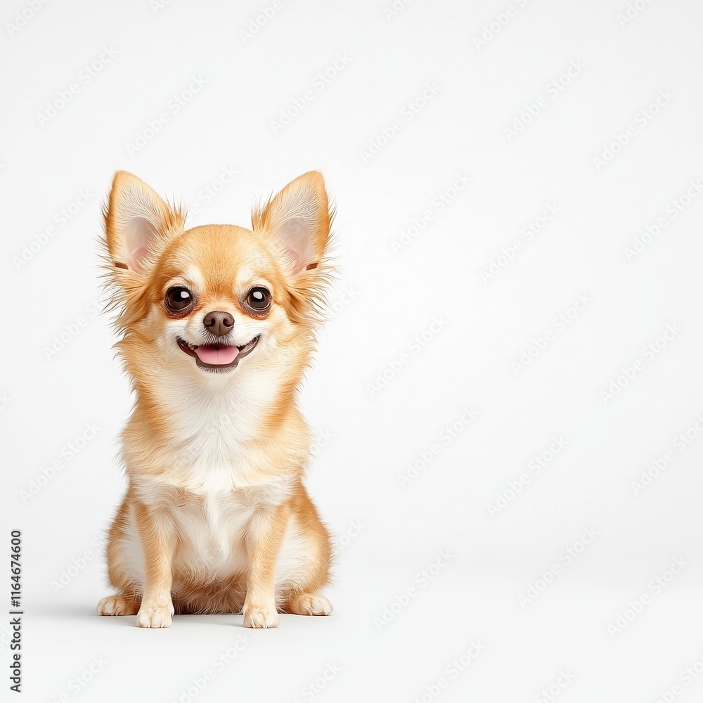 A cheerful Chihuahua dog sits quietly against a plain background, showcasing its adorable features and playful spirit. A cheerful Chihuahua dog sits quietly against a plain background, showcasing its adorable features and playful spirit.
