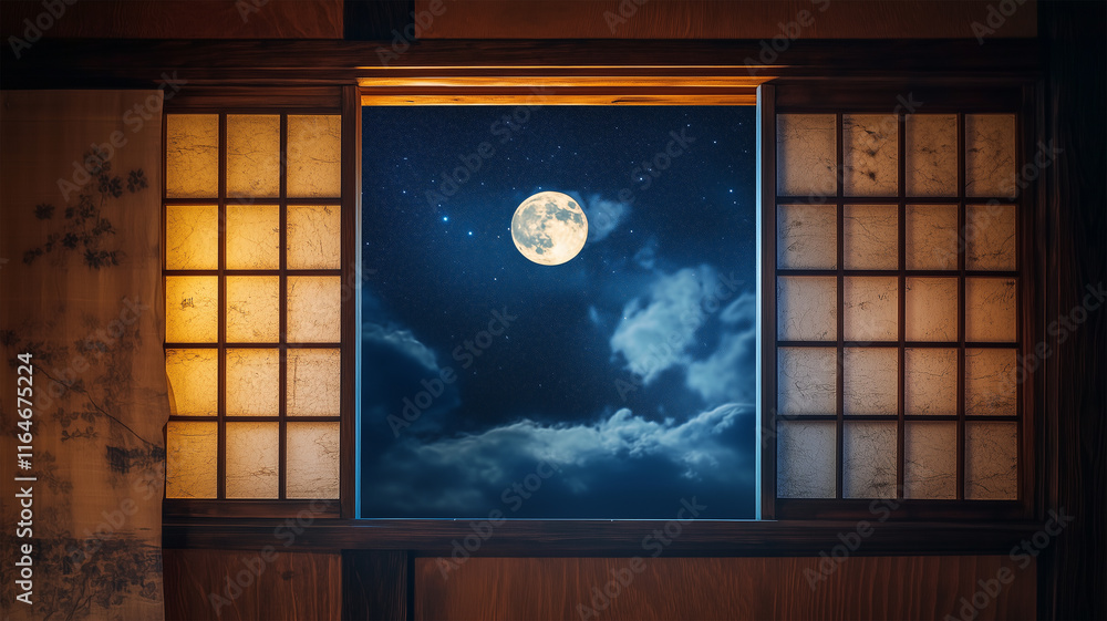 Fototapeta premium 和室の木枠窓越しに広がる満月と星空の風景