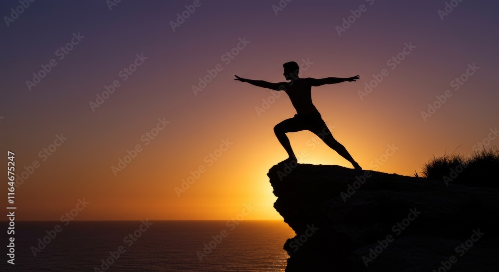 Silhouette of man in warrior pose at sunset overlooking ocean Silhouette of man in warrior pose at sunset overlooking ocean