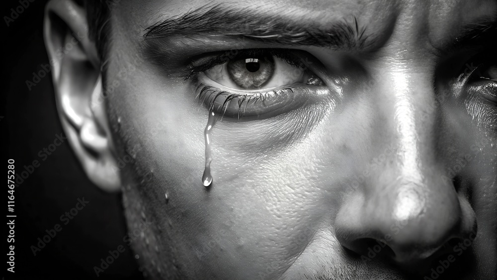 A powerful black-and-white close-up of a man's face with a single tear running down his cheek, capturing raw emotion, sadness, and vulnerability. A powerful black-and-white close-up of a man's face with a single tear running down his cheek, capturing raw emotion, sadness, and vulnerability.