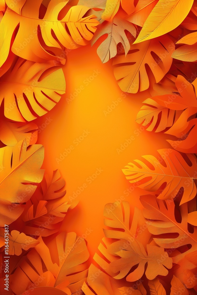 Fototapeta premium Orange Tropical Leaves Frame Wallpaper, Modern Botanical Border Wallpaper, Design for Nature-Themed Art and Stylish Backdrops, Copy Space for Text
