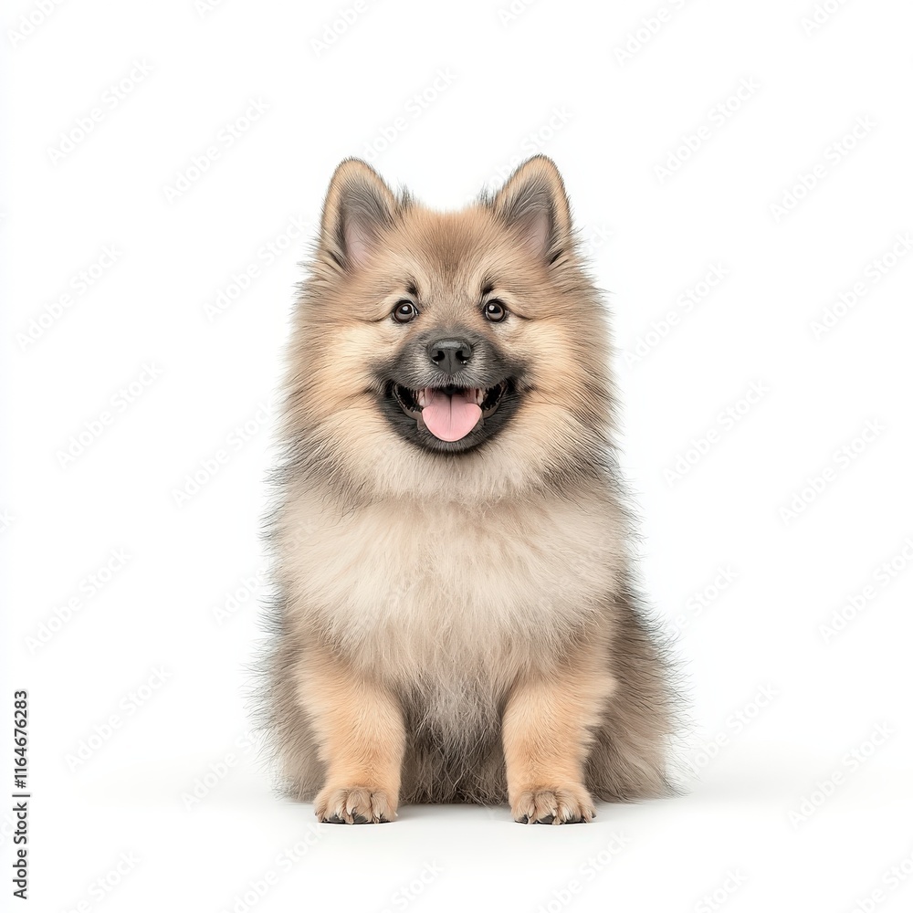 A cheerful Keeshond dog sitting with a happy expression, showcasing its fluffy coat and playful nature in a bright, minimalistic setting. A cheerful Keeshond dog sitting with a happy expression, showcasing its fluffy coat and playful nature in a bright, minimalistic setting.