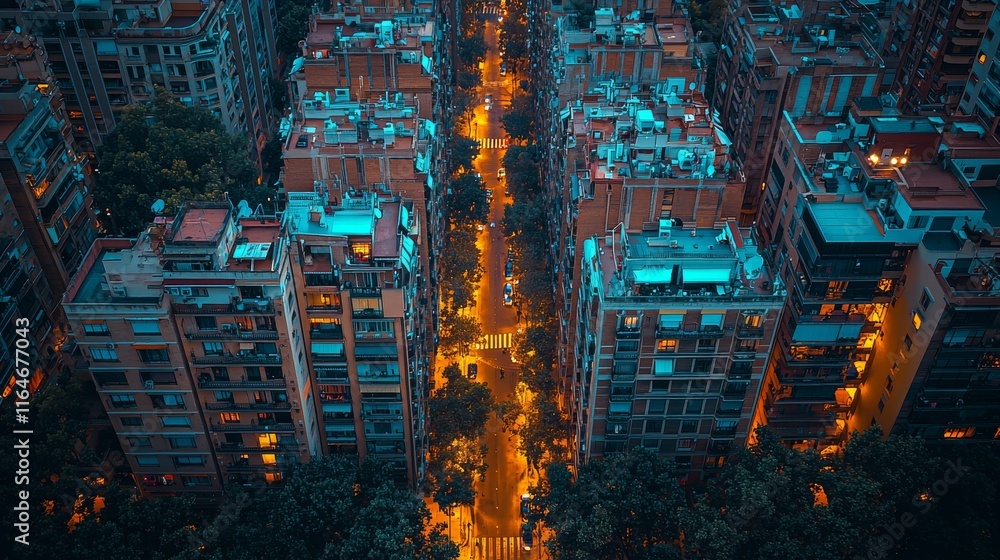 Obraz premium Night cityscape viewed from above in Barcelona, Spain, with a blend of yellow and purple lights. Innovative drone photography