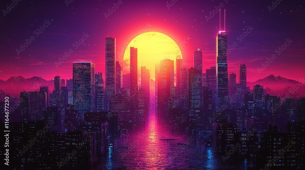 Obraz premium Futuristic scenery characterized by vibrant neon shades and a cyberpunk atmosphere, brought to life with generative AI