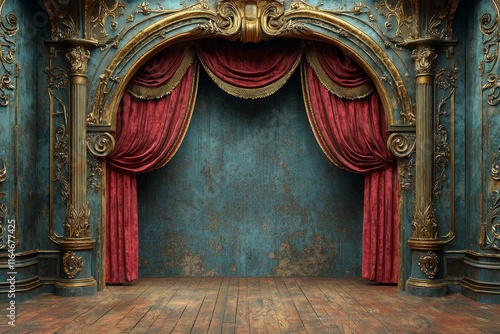 The stage of the ornate theater is adorned with luxurious crimson velvet curtains, ornamental golden tassels, and antique footlights that cast a warm glow. Intricate baroque designs embellish the