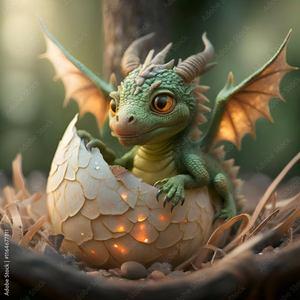 adorable dragon kid hatched from egg shell. Digital artwork. AI generated