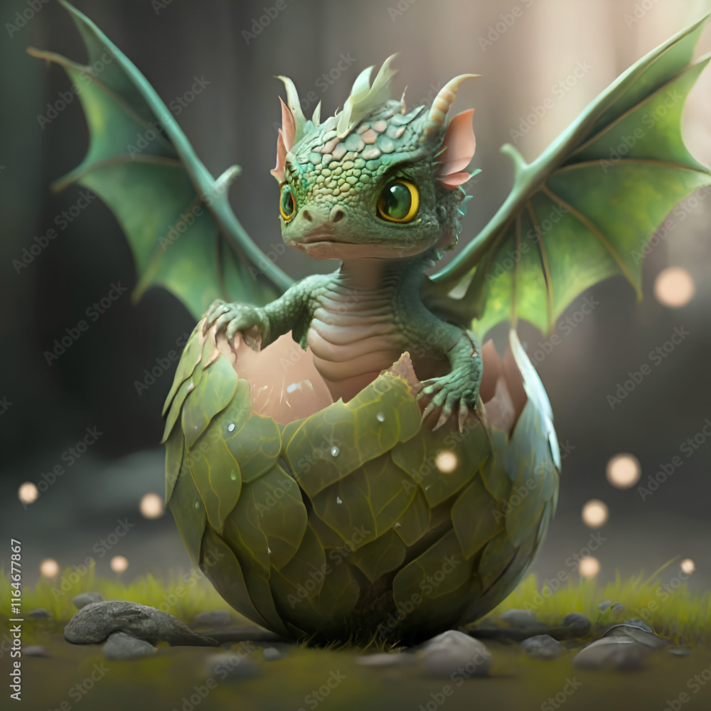 adorable dragon kid hatched from egg shell. Digital artwork. AI generated