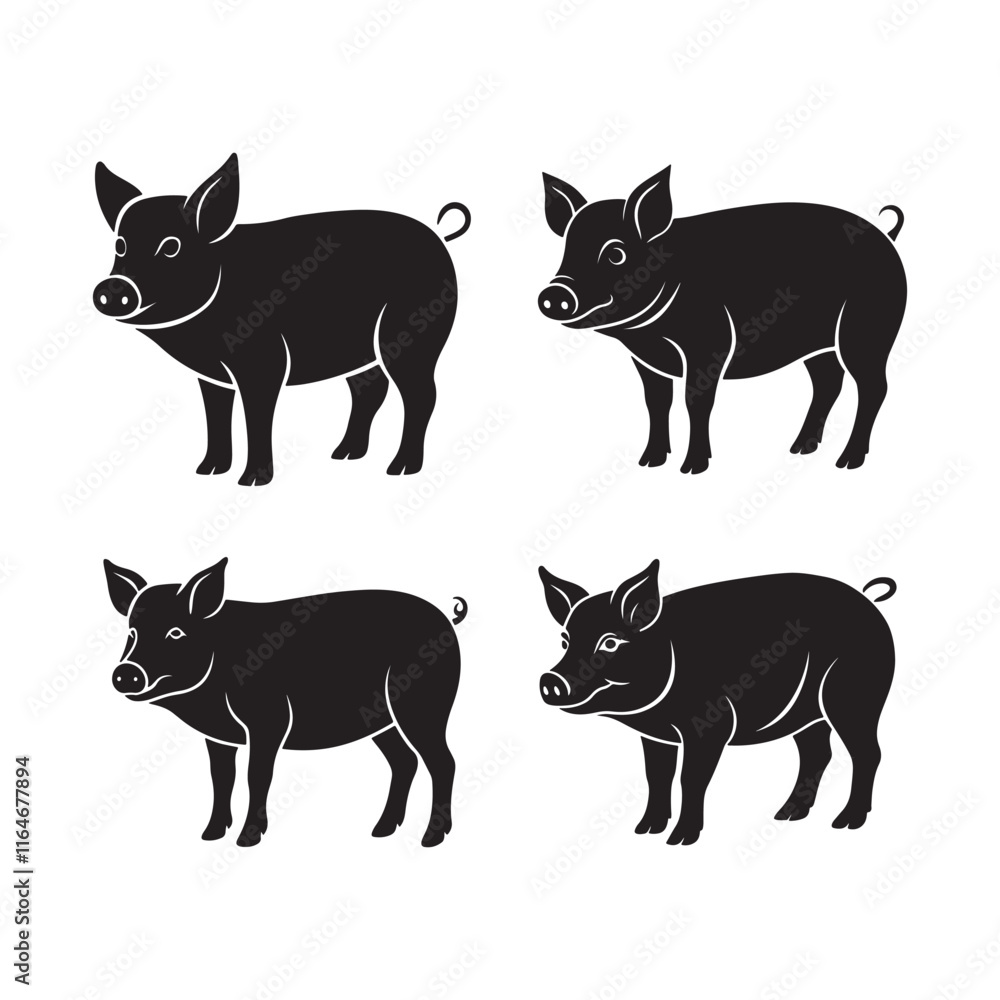 Fototapeta premium set of pig silhouette, black and white silhouette, vector and&nbsp;illustration