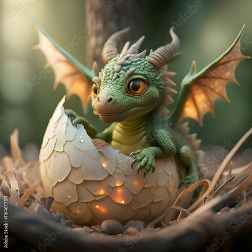 Obraz na płótnie adorable dragon kid hatched from egg shell. Digital artwork. AI generated w salonie