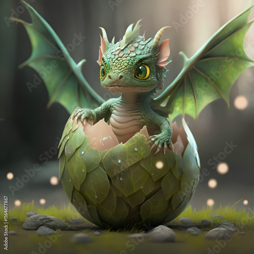 adorable dragon kid hatched  from egg shell.  Digital artwork.  AI generated photo