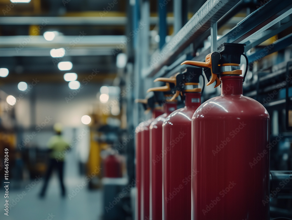 Fire safety equipment arranged neatly in an industrial setting with personnel nearby Fire safety equipment arranged neatly in an industrial setting with personnel nearby