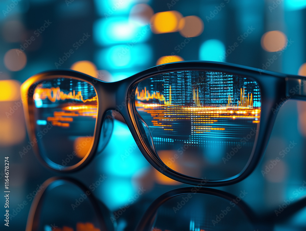 Glasses reflecting futuristic cityscape with glowing data visualizations at night Glasses reflecting futuristic cityscape with glowing data visualizations at night