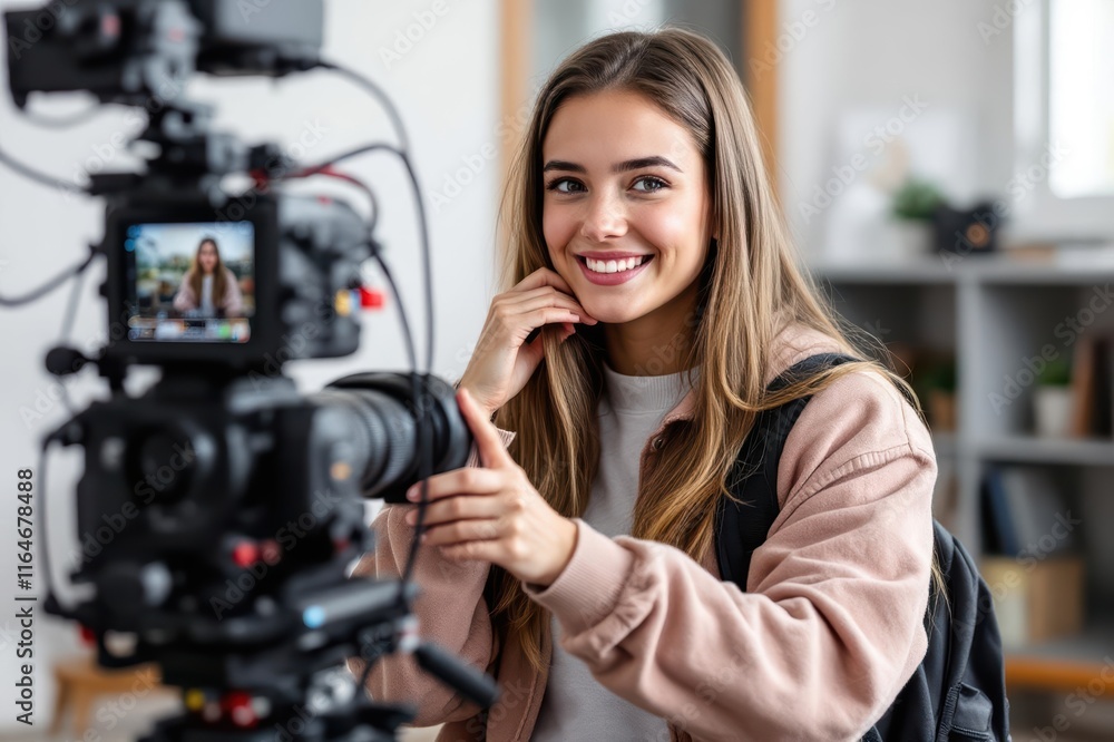 Portrait confident high school girl student operating video camera Portrait confident high school girl student operating video camera