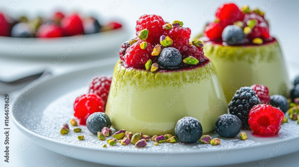 Matcha panna cotta with fresh berries and crushed pistachios Matcha panna cotta with fresh berries and crushed pistachios