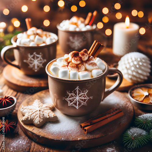 A steaming mug of hot chocolate topped with marshmallows and a cinnamon stick sits amidst a cozy holiday scene. Surrounded by festive cookies, the image evokes feelings of warmth and comfort.
