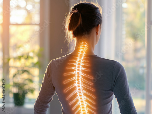 Human spine visualization in a warm room with natural light during sunset photo