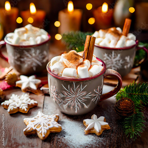 A steaming mug of hot chocolate topped with marshmallows and a cinnamon stick sits amidst a cozy holiday scene. Surrounded by festive cookies, the image evokes feelings of warmth and comfort.

