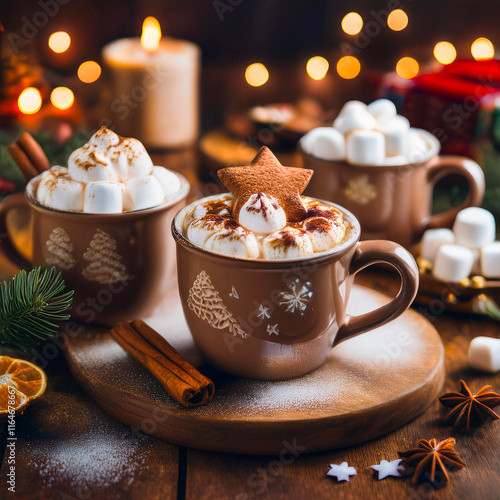 A steaming mug of hot chocolate topped with marshmallows and a cinnamon stick sits amidst a cozy holiday scene. Surrounded by festive cookies, the image evokes feelings of warmth and comfort.
