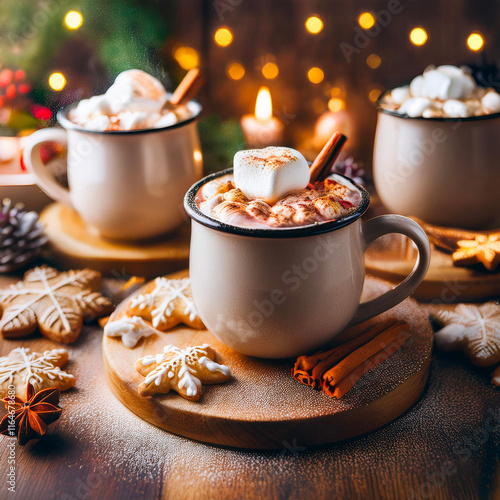 A steaming mug of hot chocolate topped with marshmallows and a cinnamon stick sits amidst a cozy holiday scene. Surrounded by festive cookies, the image evokes feelings of warmth and comfort.
