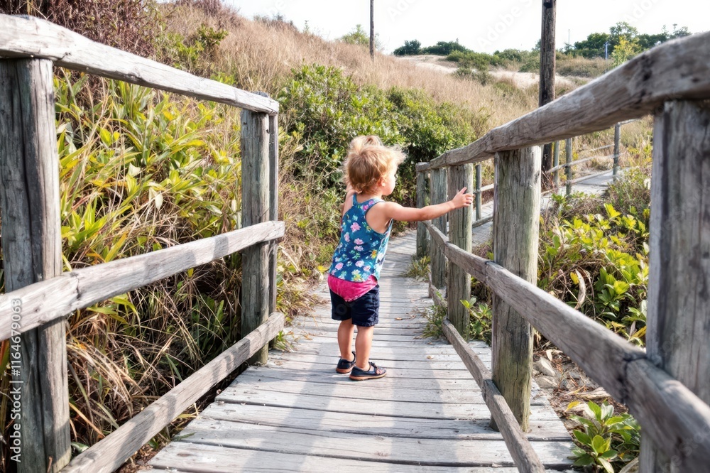 Young child reaching for handrail on beach path Young child reaching for handrail on beach path