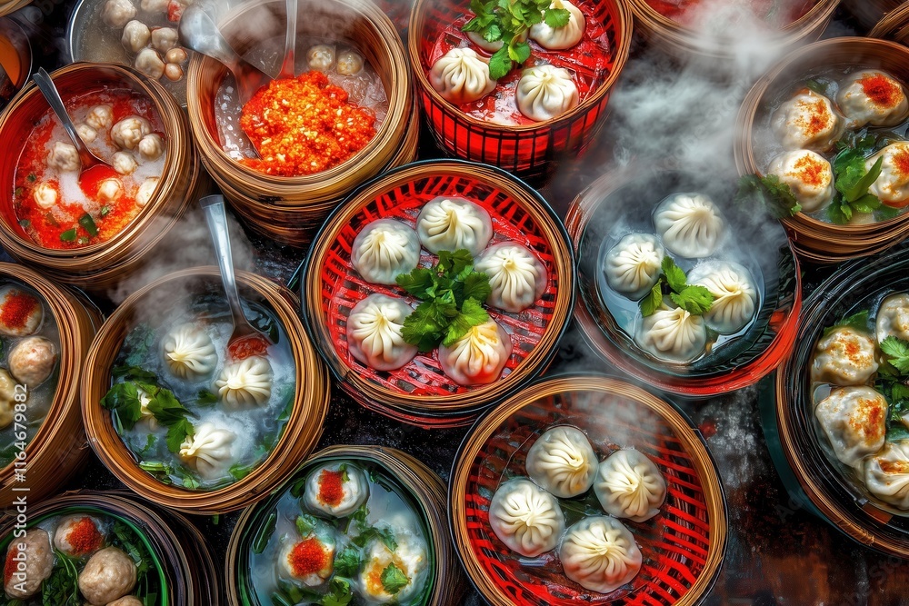 Steaming dumplings in aromatic broth with vibrant garnishes AI generated Steaming dumplings in aromatic broth with vibrant garnishes AI generated