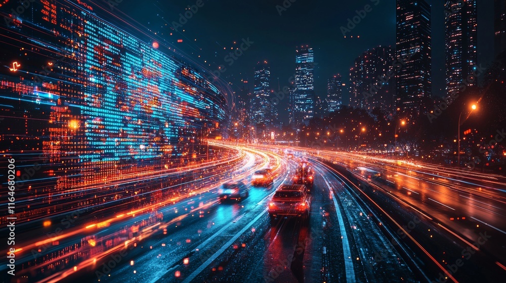 Fototapeta premium A bustling urban street with cars gliding on a damp road, bathed in bright neon lights, reflecting a futuristic city atmosphere