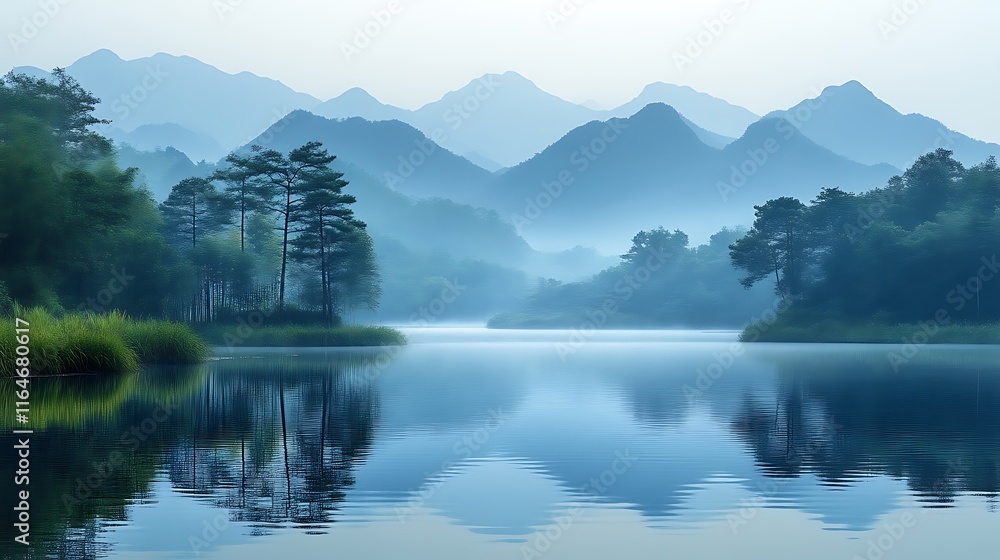 Naklejka premium Serene Misty Mountains Reflecting In Calm Lake Water