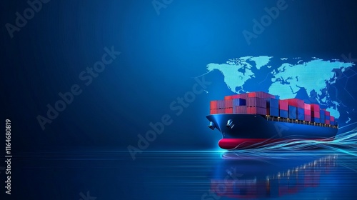AIpowered cargo ship technology featuring a global logistics network and supply chain Container ship running for exportimport operations with a world map in the background