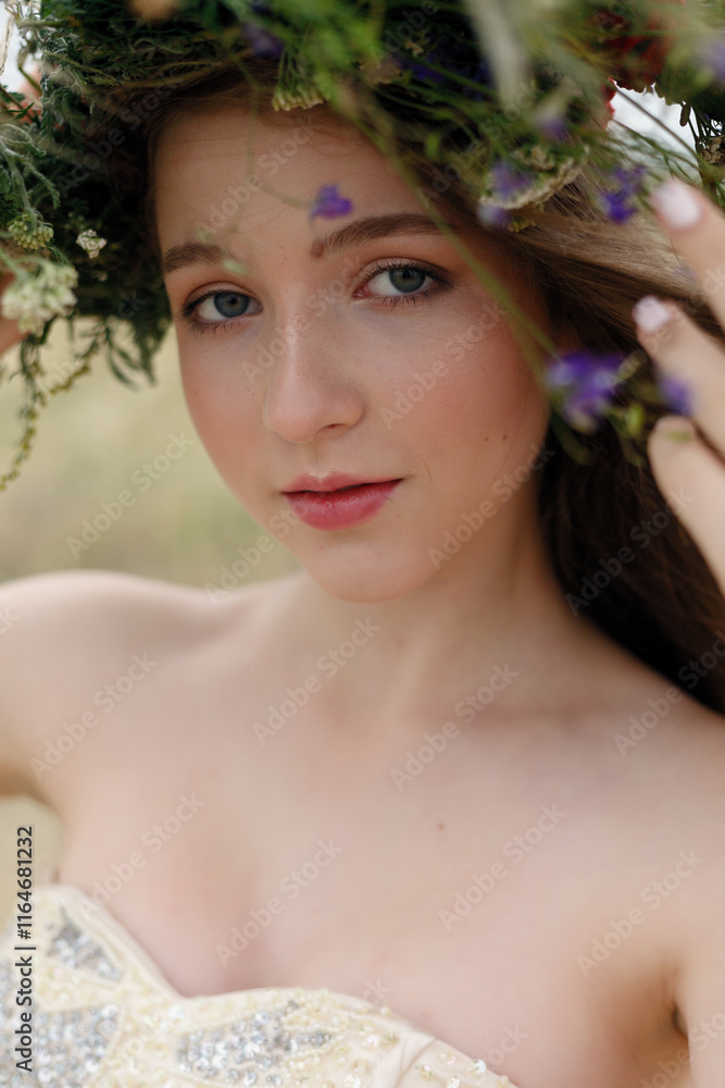 Beautiful woman with flower wreath on her head. Beautiful woman with flower wreath on her head.