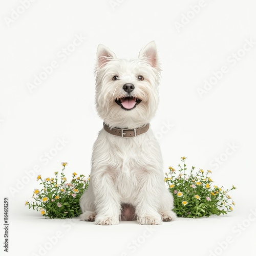 A cheerful West Highland White Terrier dog sitting among blooming flowers, showcasing its playful spirit and friendly demeanor. photo