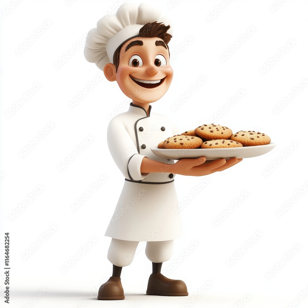 A grinning cartoon chef, full of cheer, shows off a plate of warm, golden cookies against a crisp white background