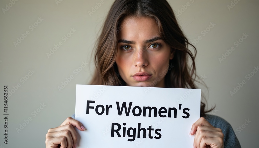 Determined young woman holding a sign supporting women's rights in a minimalist and neutral setting Determined young woman holding a sign supporting women's rights in a minimalist and neutral setting