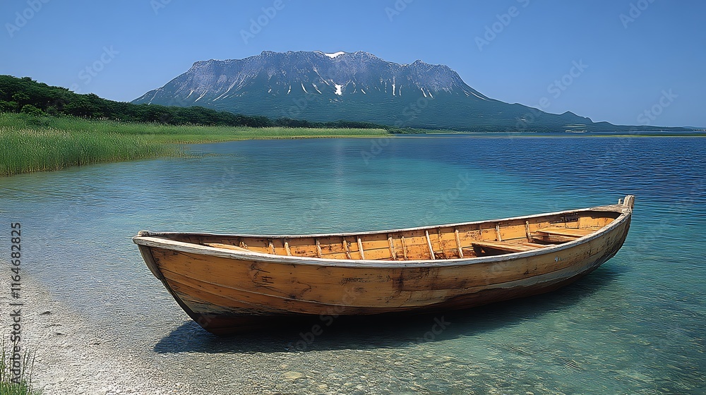 Wooden Rowboat Docked by Calm Lake and Mountain Wooden Rowboat Docked by Calm Lake and Mountain